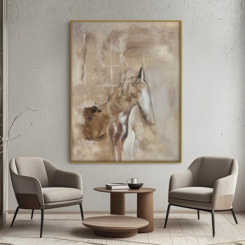 Hand-painted abstract horse art with textured canvas, gold frame – modern living room decor at Lumi Gallery