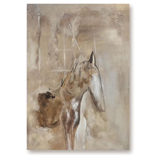 Hand-painted Wabi-Sabi abstract horse painting with textured brushstrokes in earthy beige, brown, and white tones on canvas, featuring a serene profile.