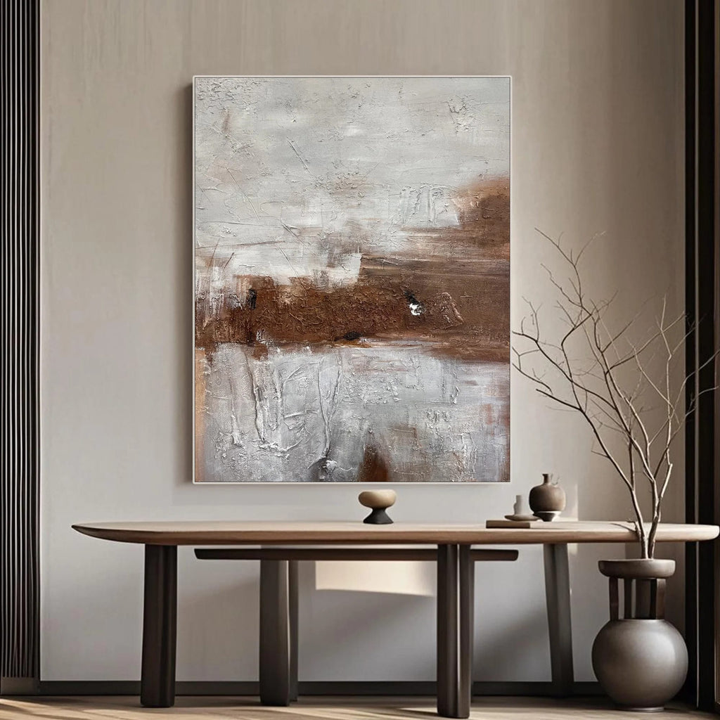 Lumi Gallery's Wabi-Sabi abstract canvas wall art 'Fading Earth' with brown gray textured brushstrokes in modern interior