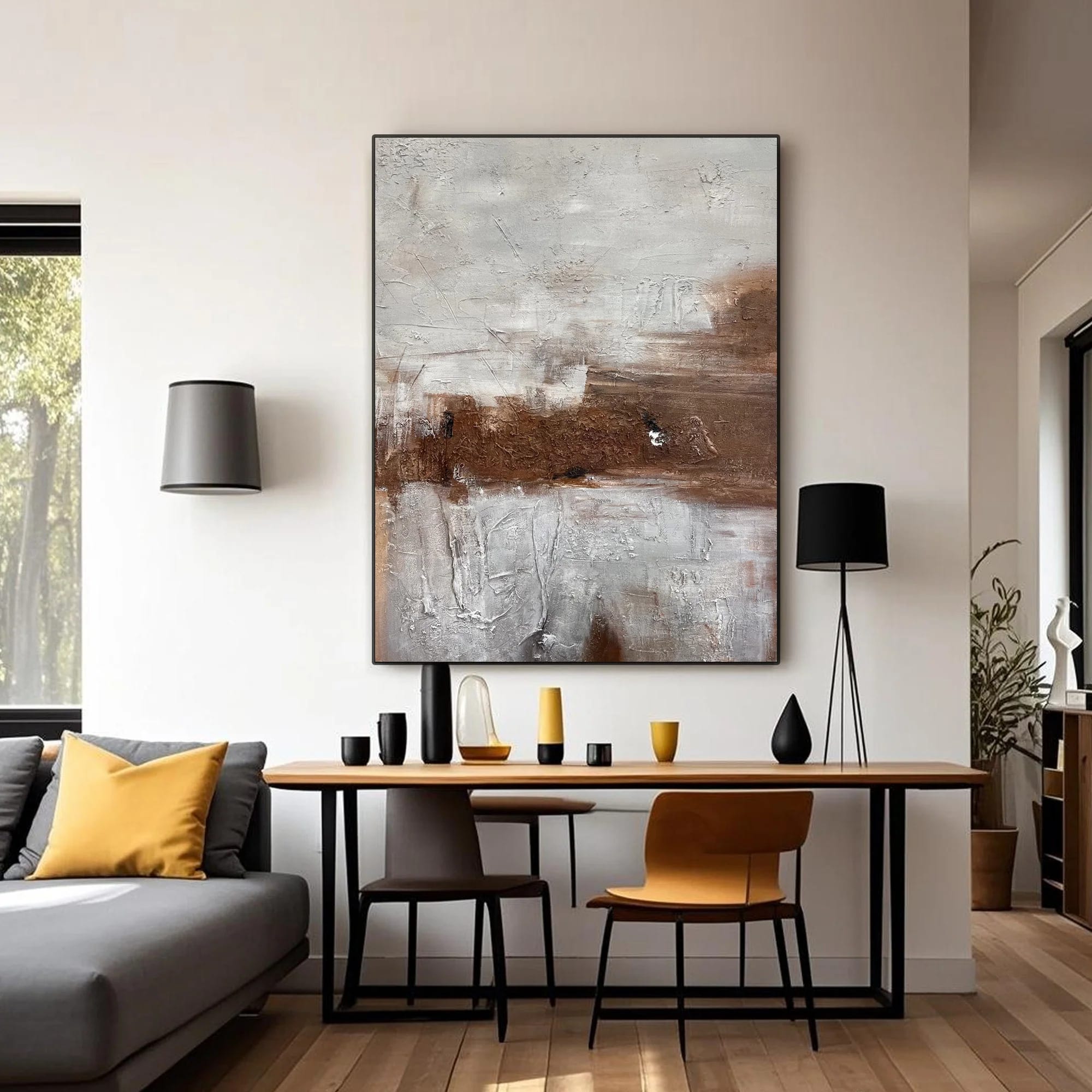 Lumi Gallery's hand-painted Wabi-Sabi abstract canvas art 'Fading Earth' with textured brushstrokes in modern living room
