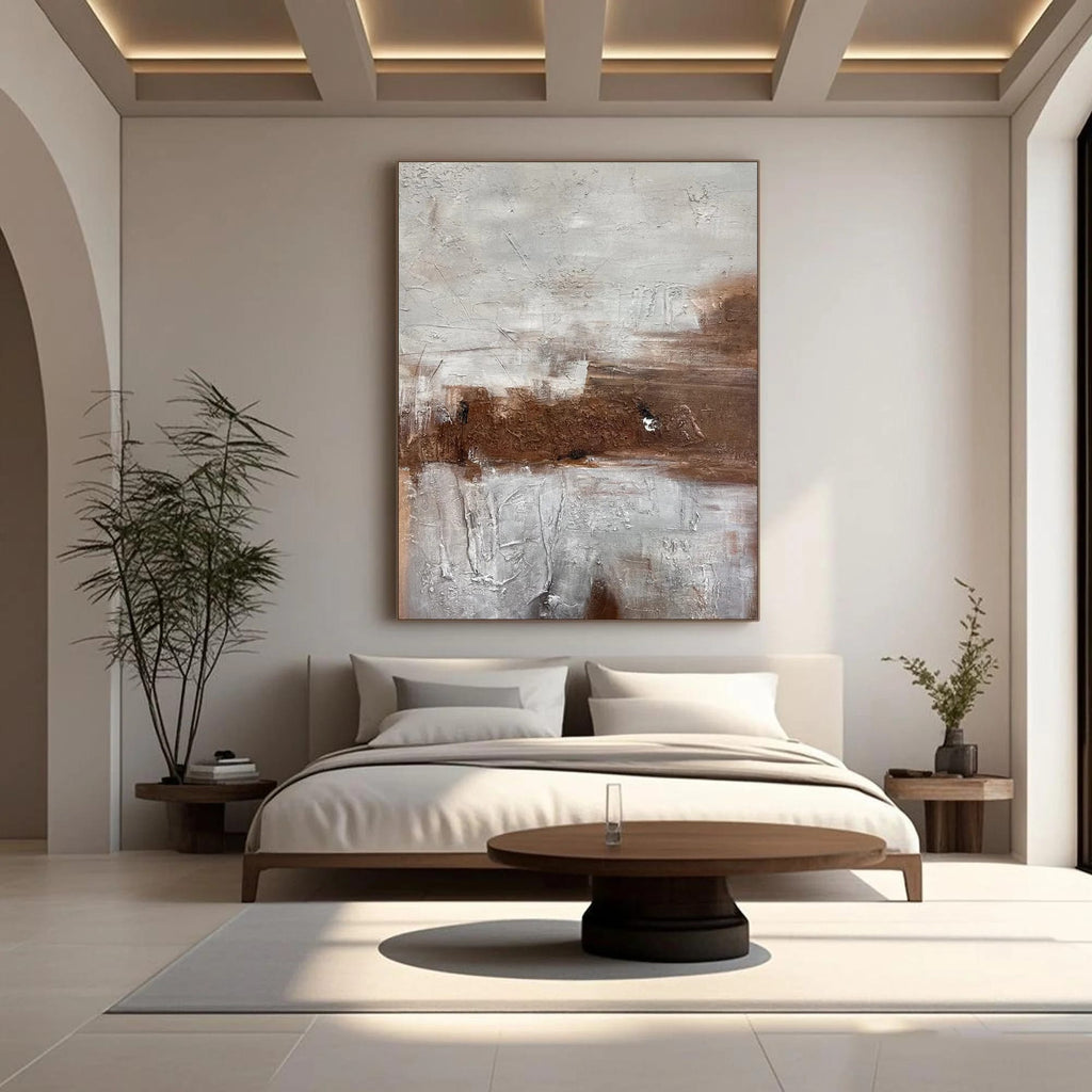 Wabi-Sabi abstract canvas art 'Fading Earth' with earthy browns/gray, hand-painted in bedroom
