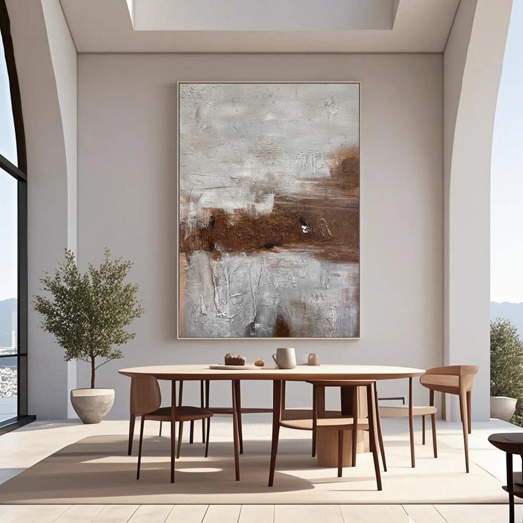 Wabi-Sabi abstract wall art 'Fading Earth' with textured canvas in modern dining room