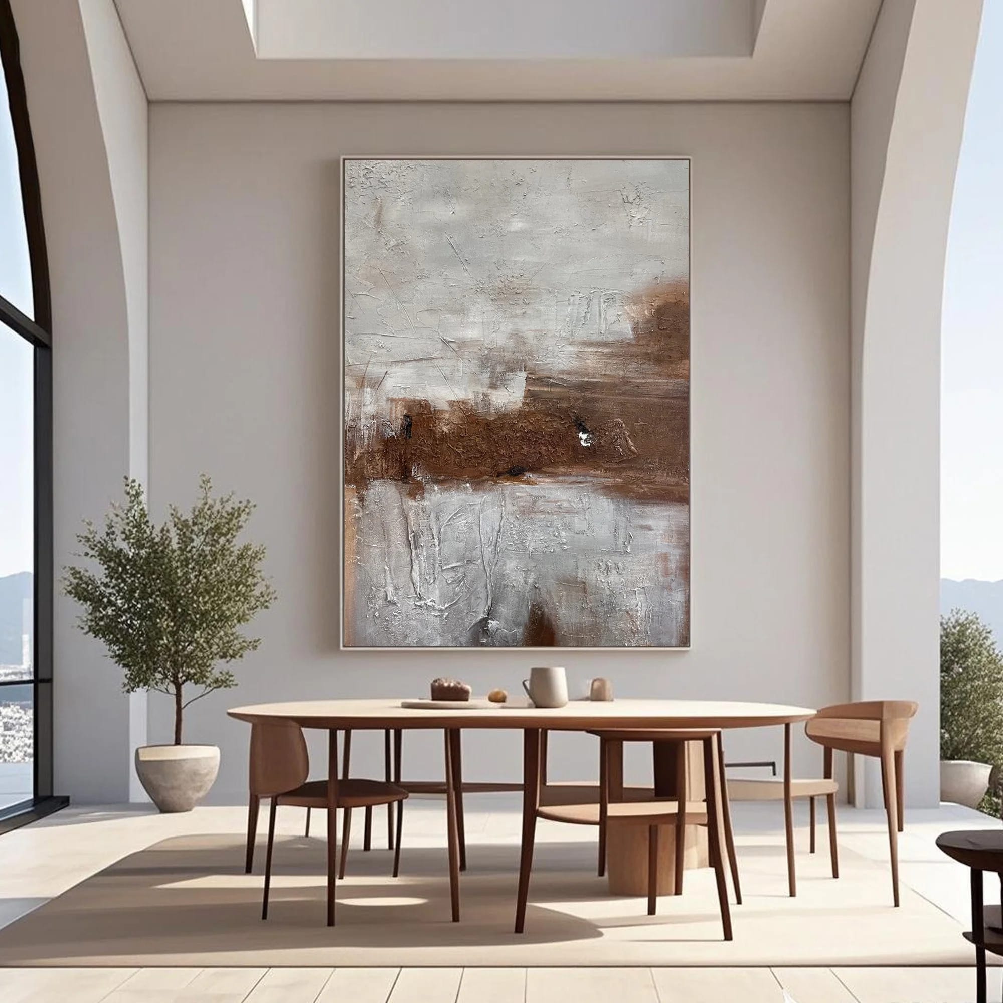 Wabi-Sabi abstract wall art 'Fading Earth' with textured canvas in modern dining room