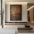 Wabi-Sabi brown abstract 'Ancient Light' canvas wall art with textured finish in modern living room at Lumi Gallery
