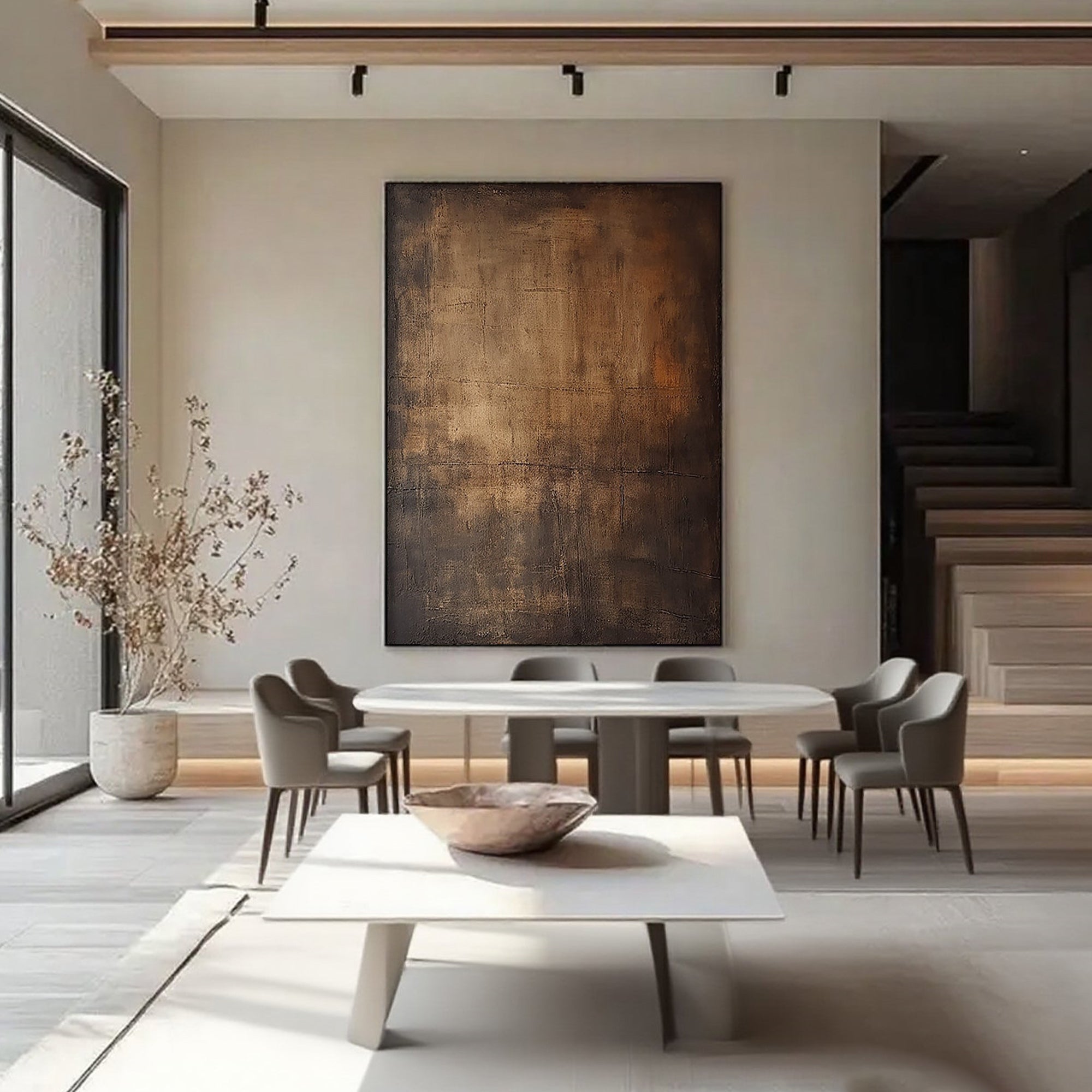 Lumi Gallery's large brown abstract wall art 'Ancient Light' with textured finish in modern dining room