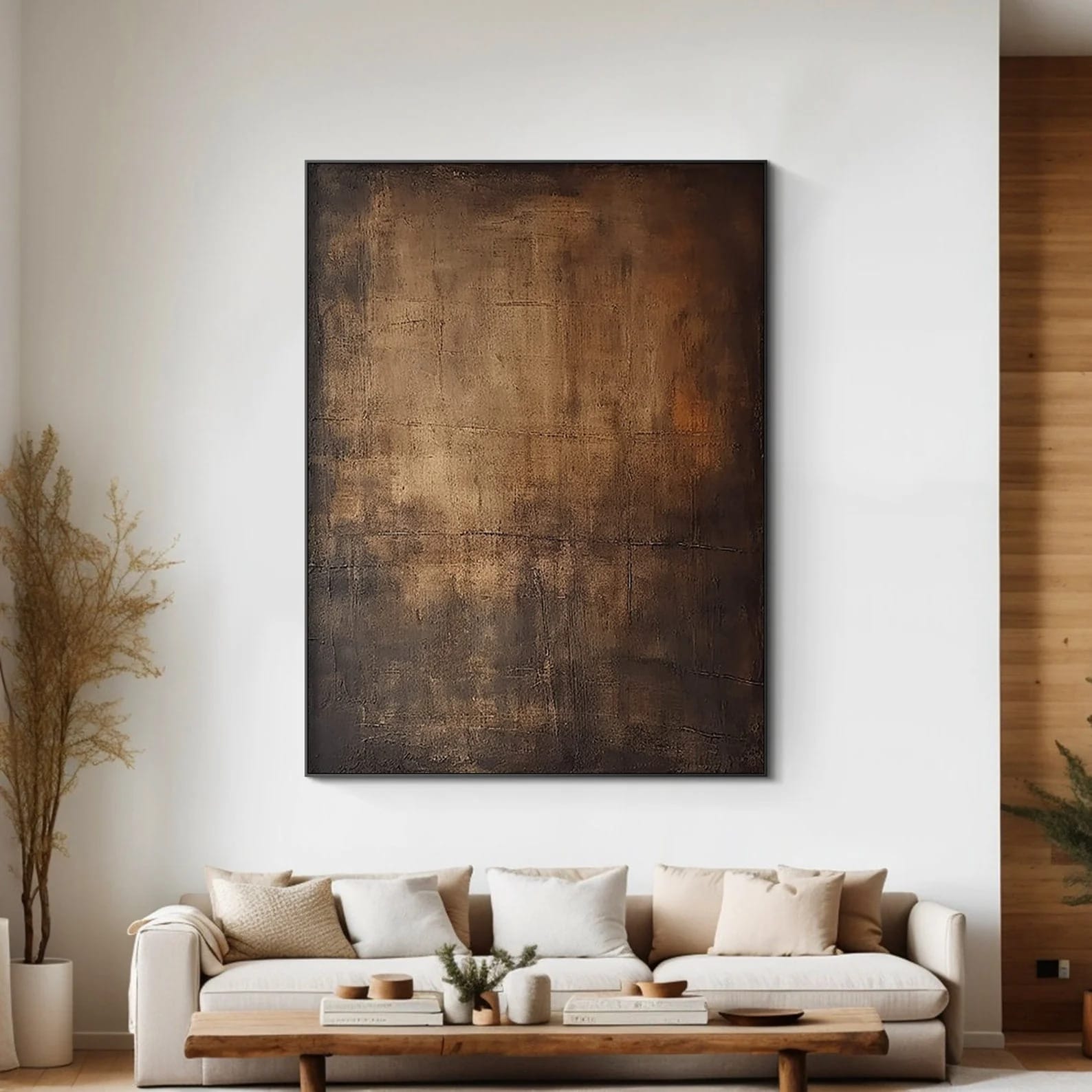 Lumi Gallery's Wabi-Sabi brown abstract wall art 'Ancient Light' in living room