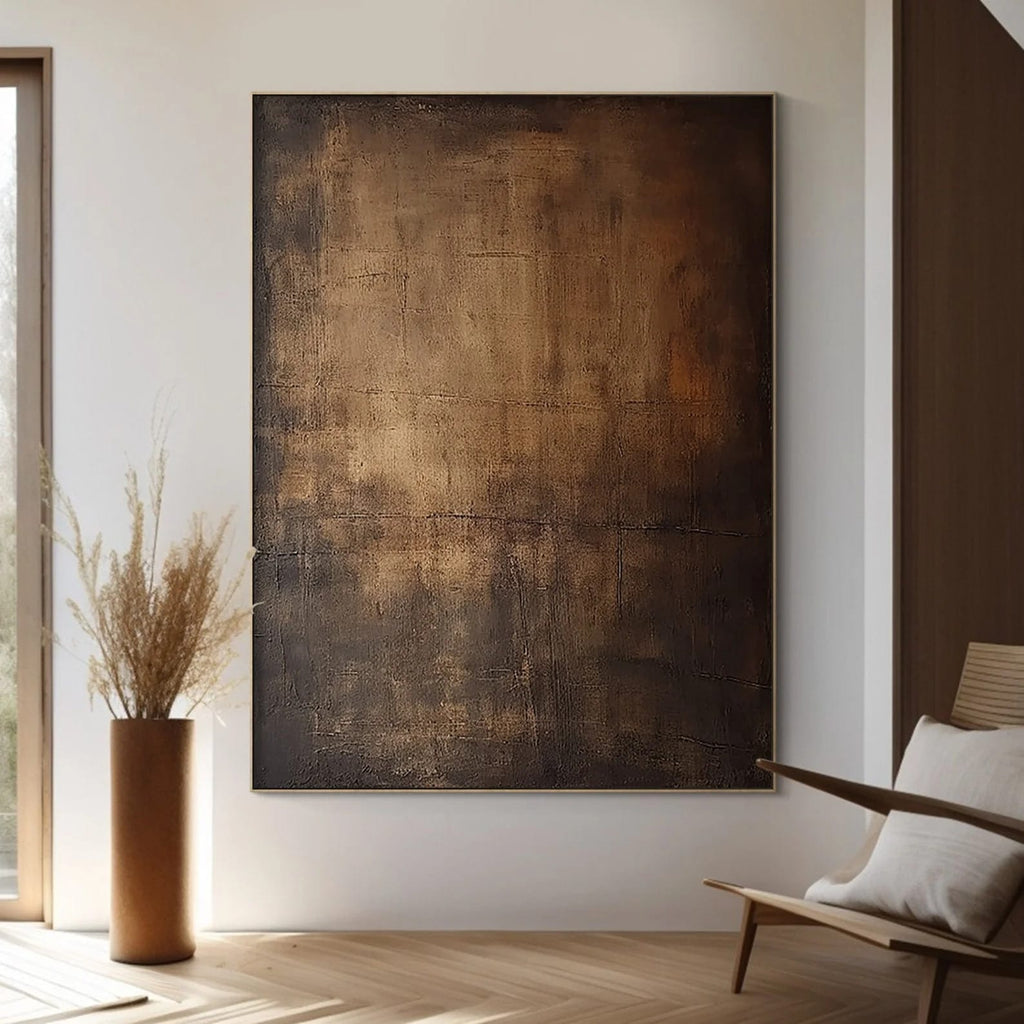 Lumi Gallery's hand-painted brown abstract wall art with textured details in modern living room