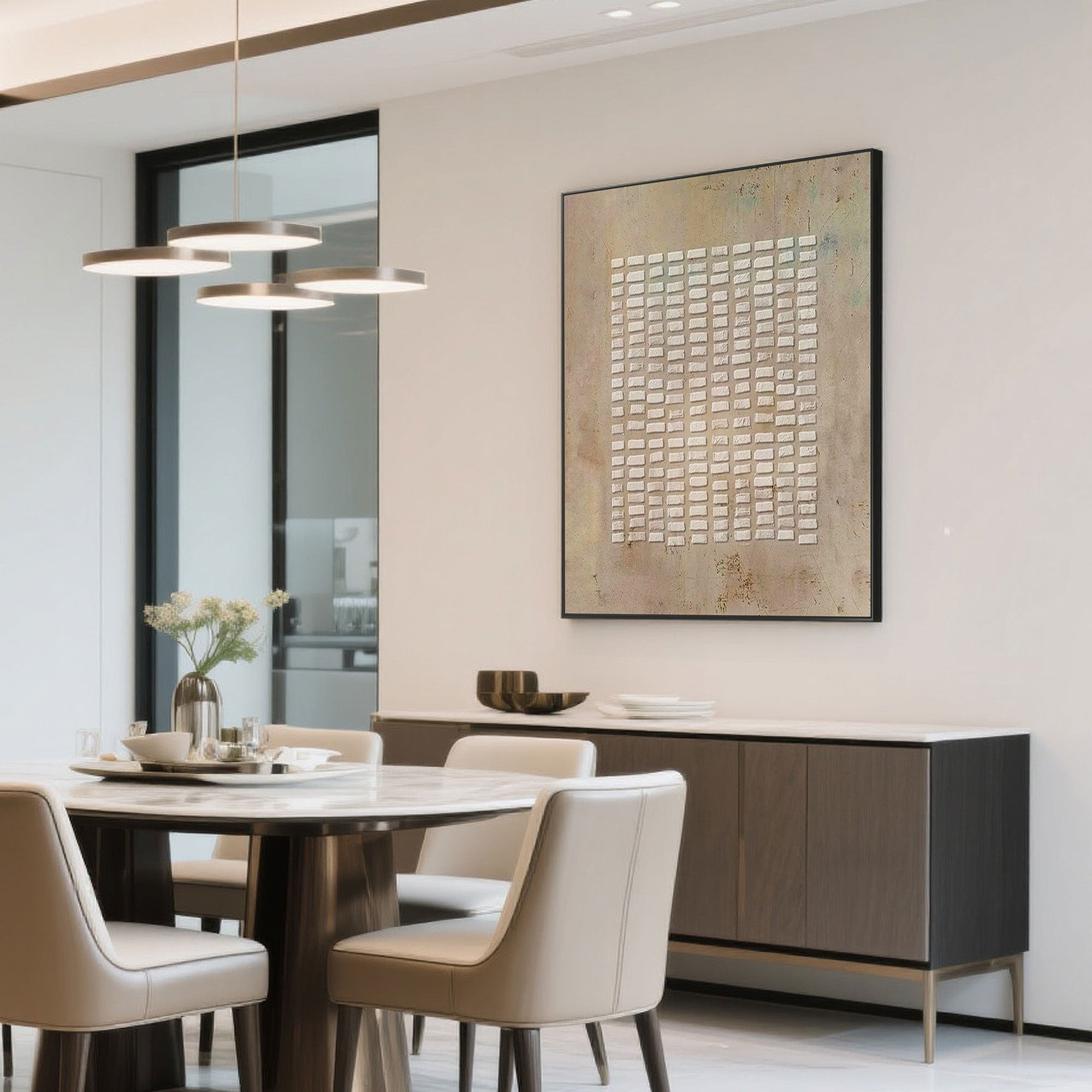 Wabi-Sabi geometric textured wall art in beige and brown tones.