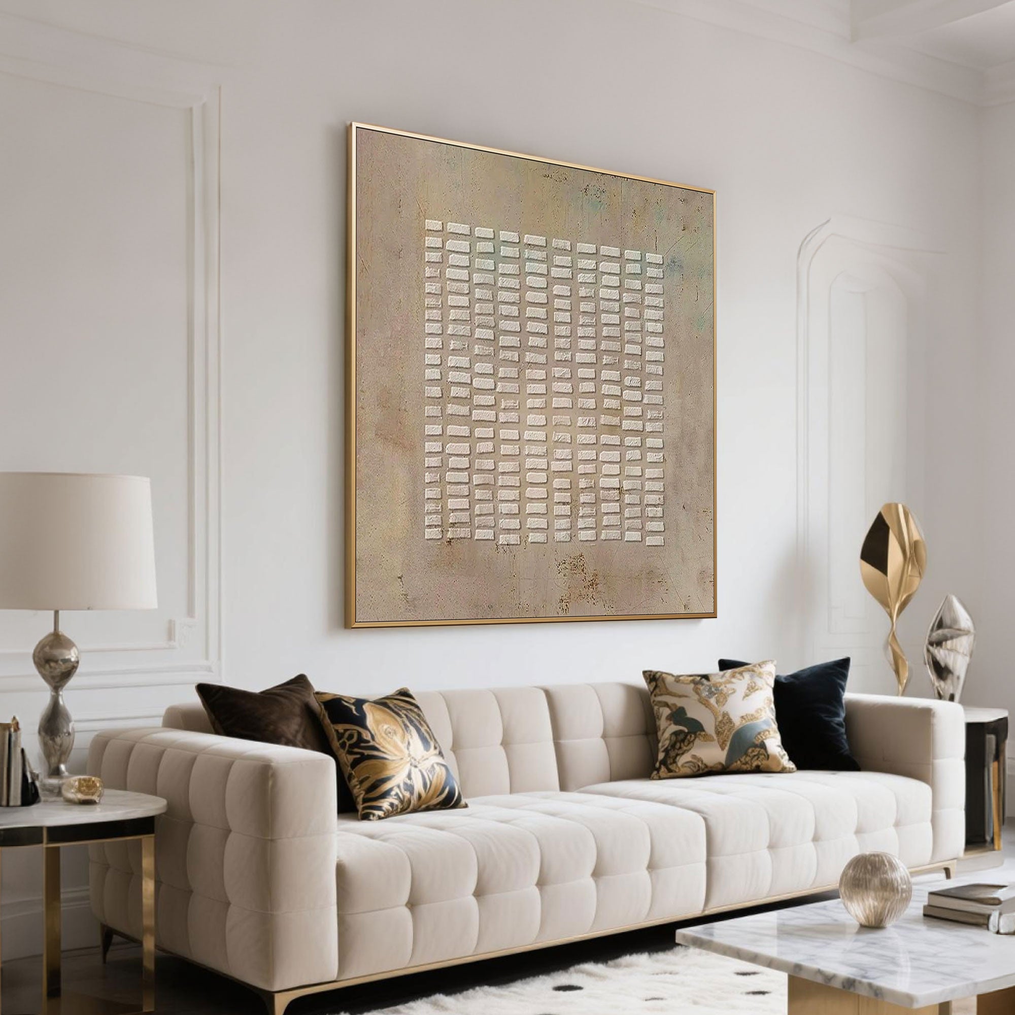 Wabi-Sabi geometric art with gold frame displayed above a sofa.