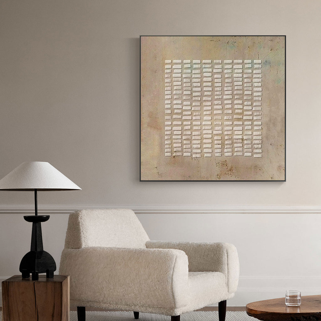 Wabi-Sabi geometric textured wall art in beige and brown tones.