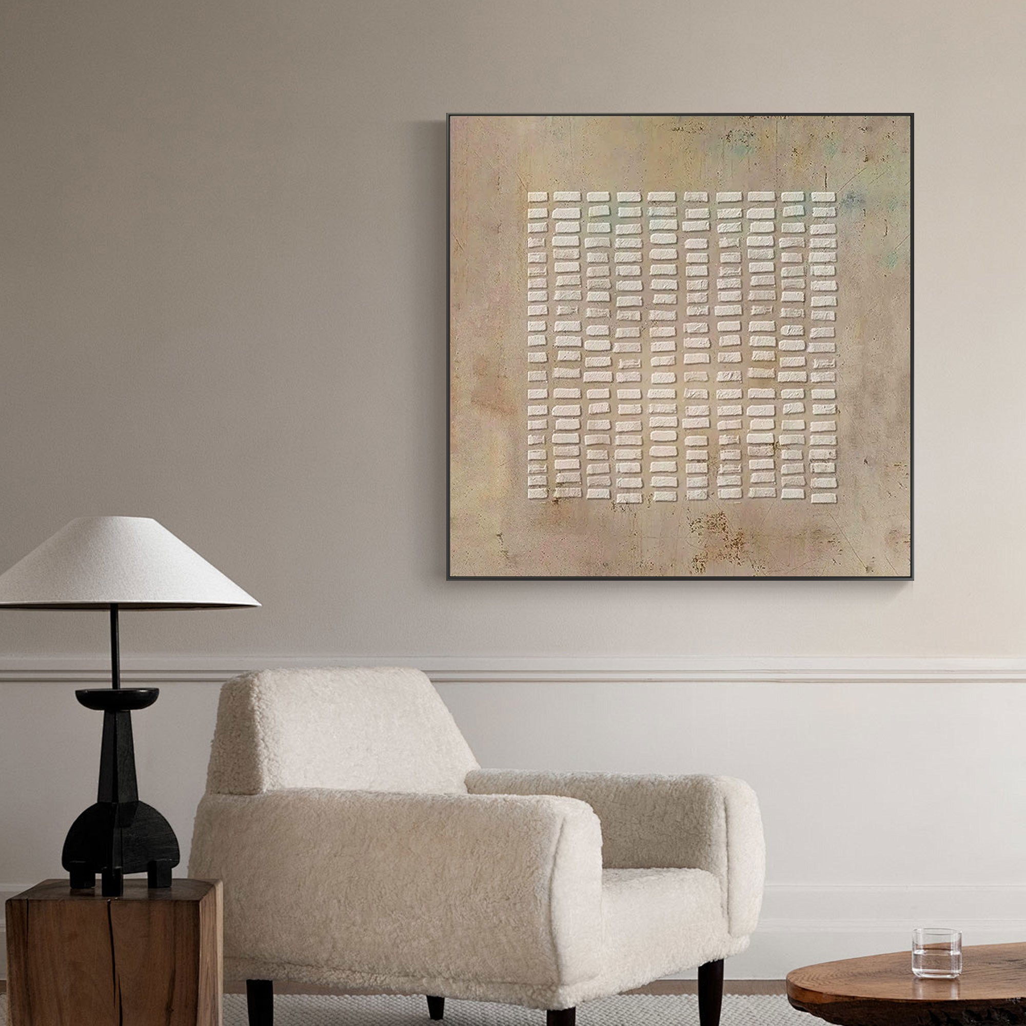 Wabi-Sabi geometric textured wall art in beige and brown tones.