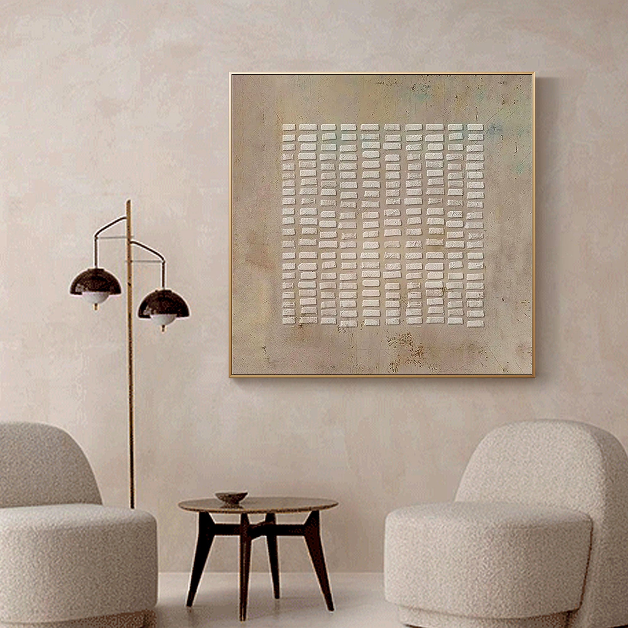 Framed Wabi-Sabi geometric wall art in living room setting.