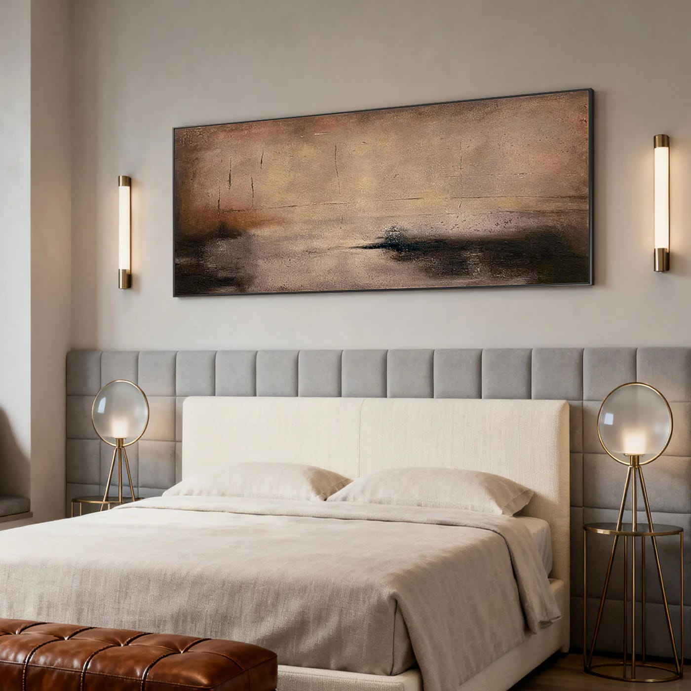 Wabi-Sabi abstract canvas art 'Shadow and Earth II' by Lumi Gallery in modern bedroom