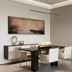 Wabi-Sabi abstract art 'Shadow and Earth II' on wall above modern dining set, earth-toned minimalist painting, Lumi Gallery