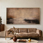 Hand-painted abstract art 'Shadow and Earth II' with earthy browns, framed canvas in modern living room