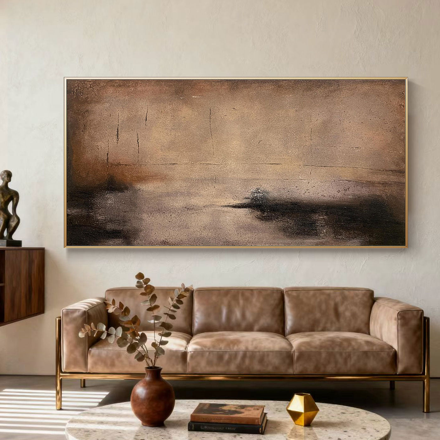 Hand-painted abstract art 'Shadow and Earth II' with earthy browns, framed canvas in modern living room