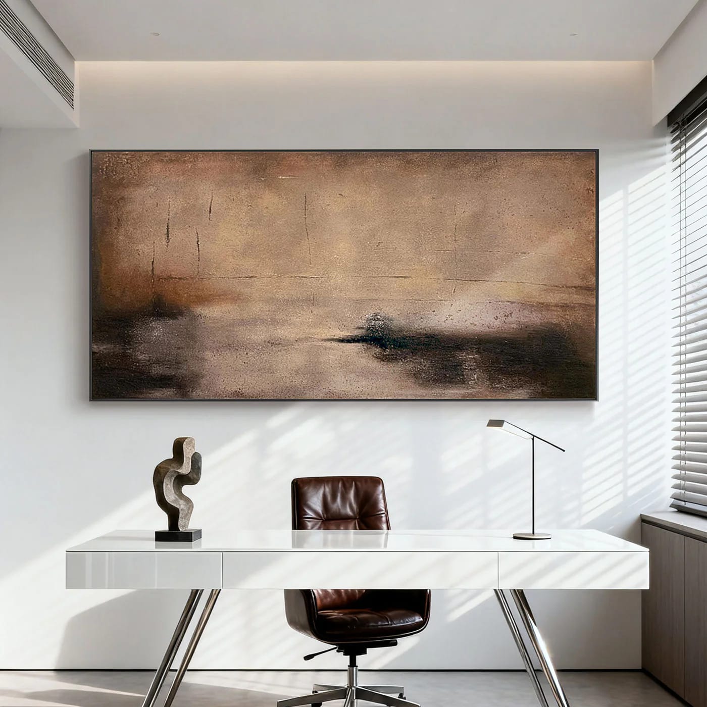 Framed Wabi-Sabi abstract art 'Shadow and Earth II', earth tones, textured canvas, modern office