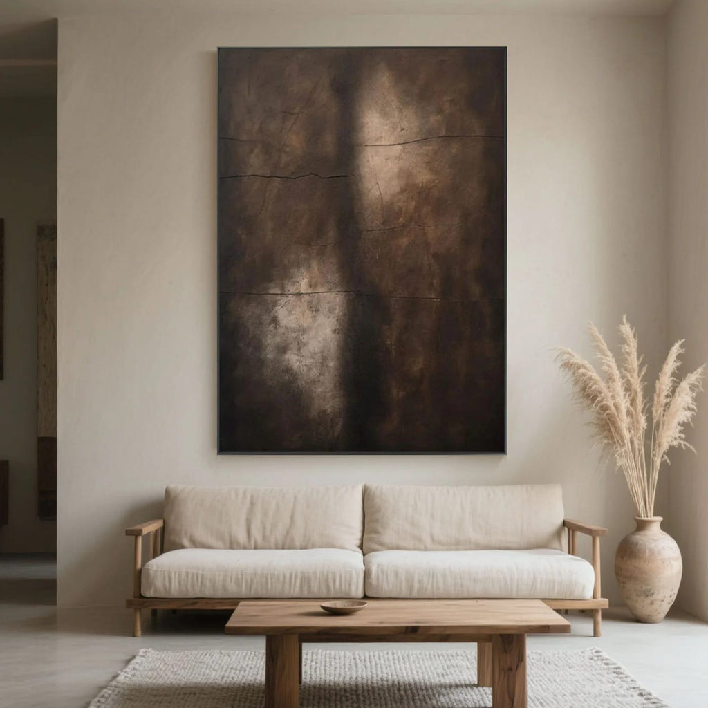 Hand-painted Wabi-Sabi minimalist abstract canvas painting with earthy shadows in modern living room