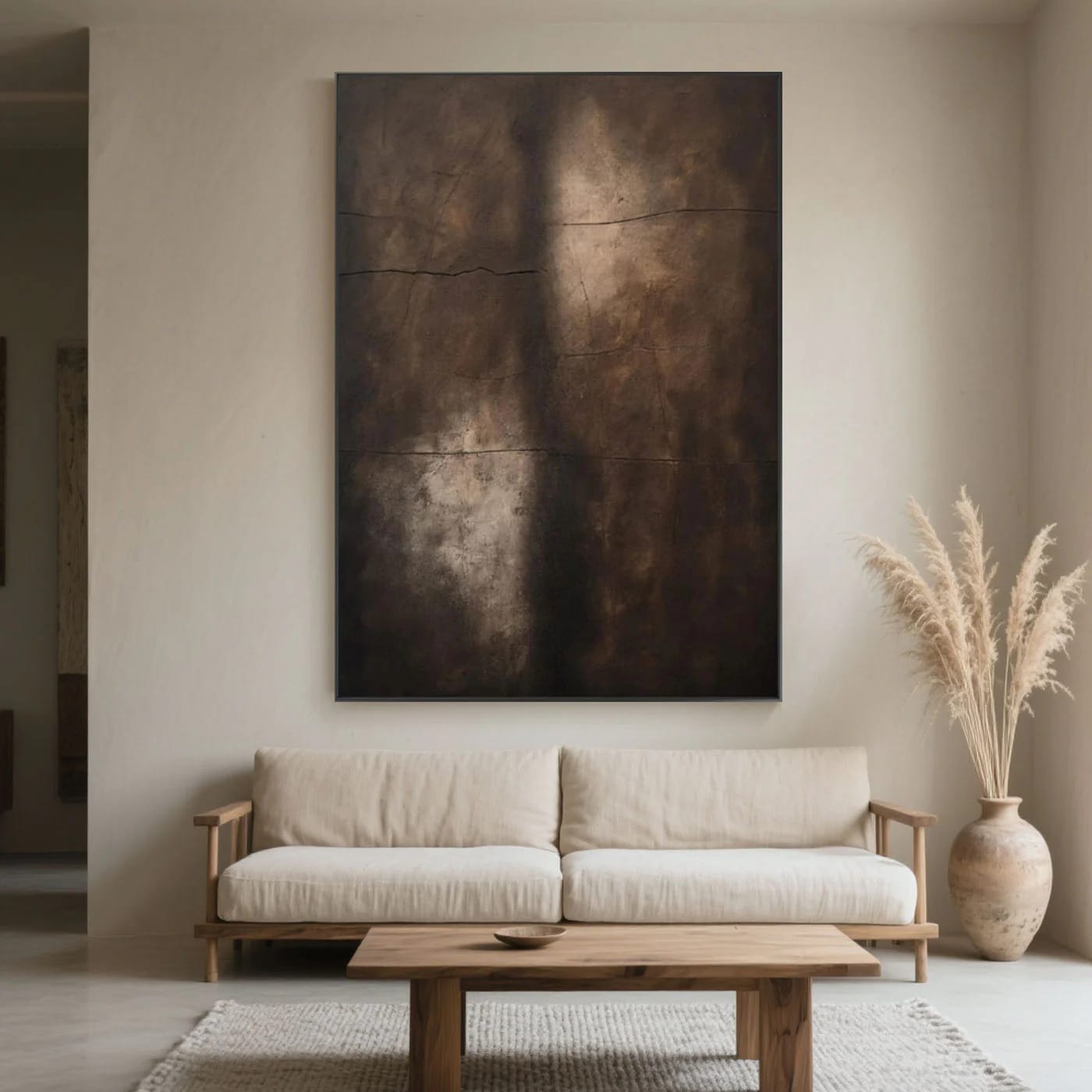 Hand-painted Wabi-Sabi minimalist abstract canvas painting with earthy shadows in modern living room