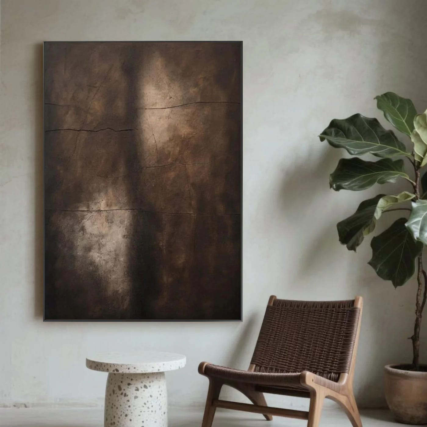 Wabi-Sabi minimalist abstract hand-painted canvas art with textured earthy browns, mounted on neutral wall