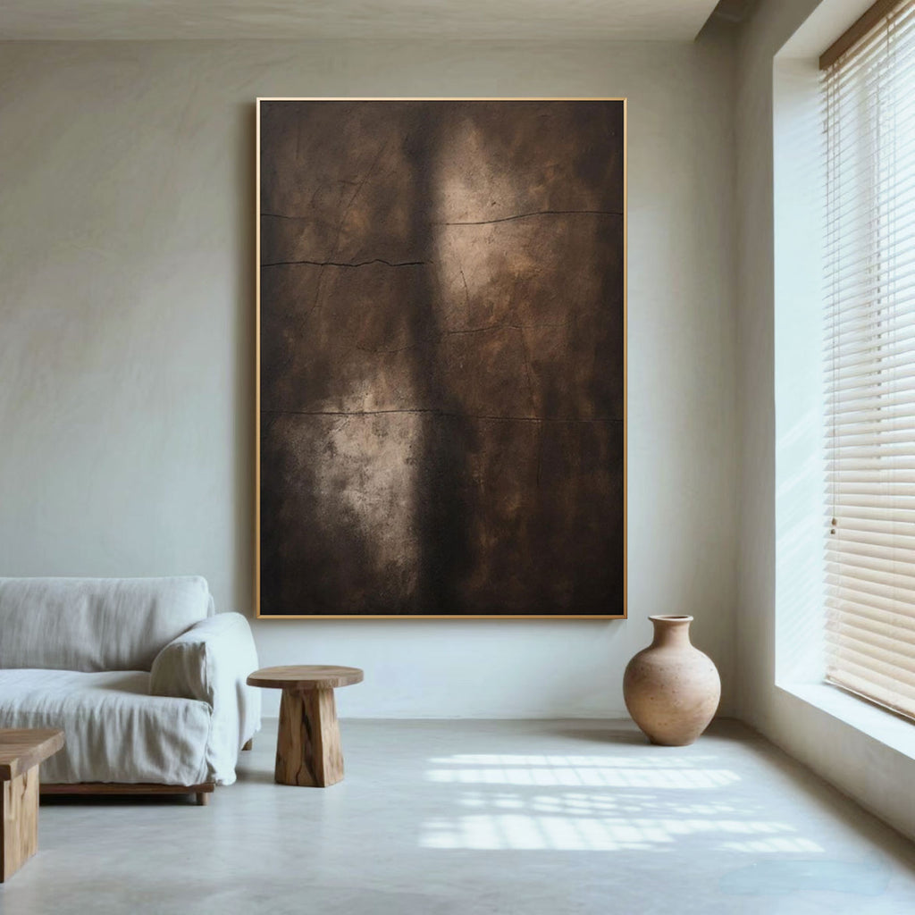 Lumi Gallery's hand-painted Wabi-Sabi abstract canvas artwork in modern living room with natural light