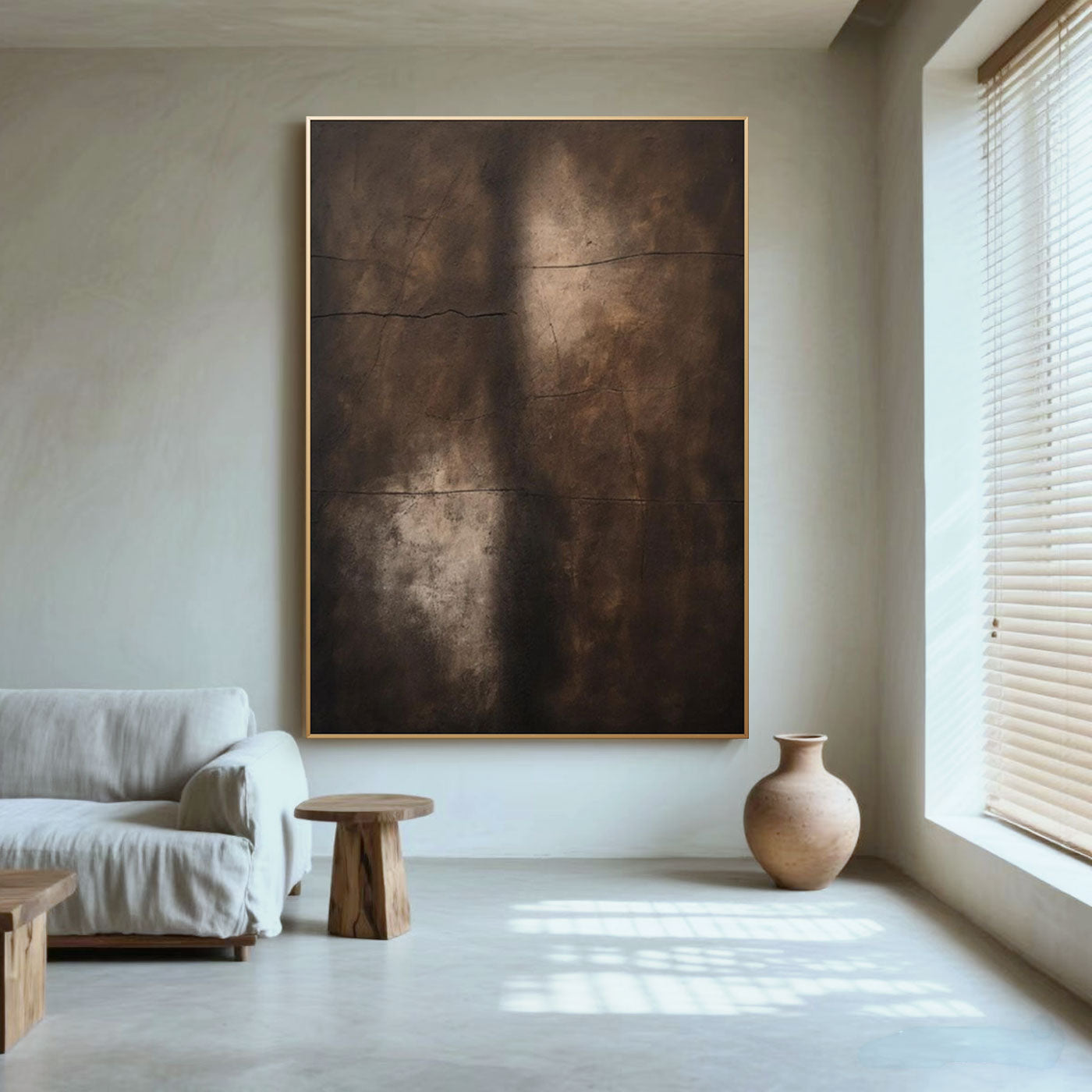 Lumi Gallery's hand-painted Wabi-Sabi abstract canvas artwork in modern living room with natural light