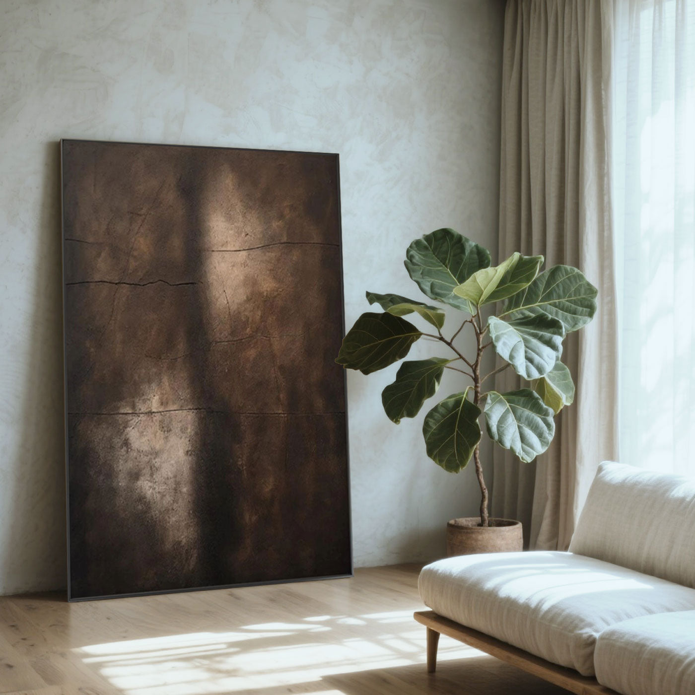 Wabi-Sabi minimalist abstract canvas painting with earthy shadows in modern living room