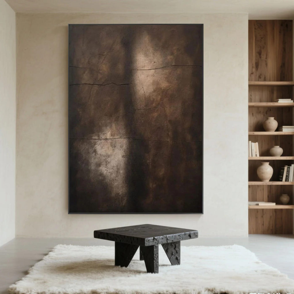 Wabi-Sabi Minimalist Abstract Painting 'Shadow Wall' - Hand-painted earth-toned framed canvas with subtle cracks and shadows