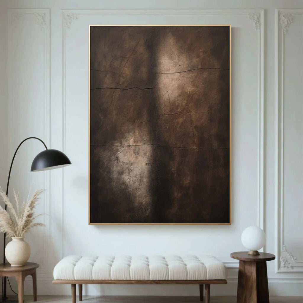 Wabi-Sabi Minimalist Abstract Painting 'Shadow Wall' - Hand-painted earth-toned framed canvas with textured cracks
