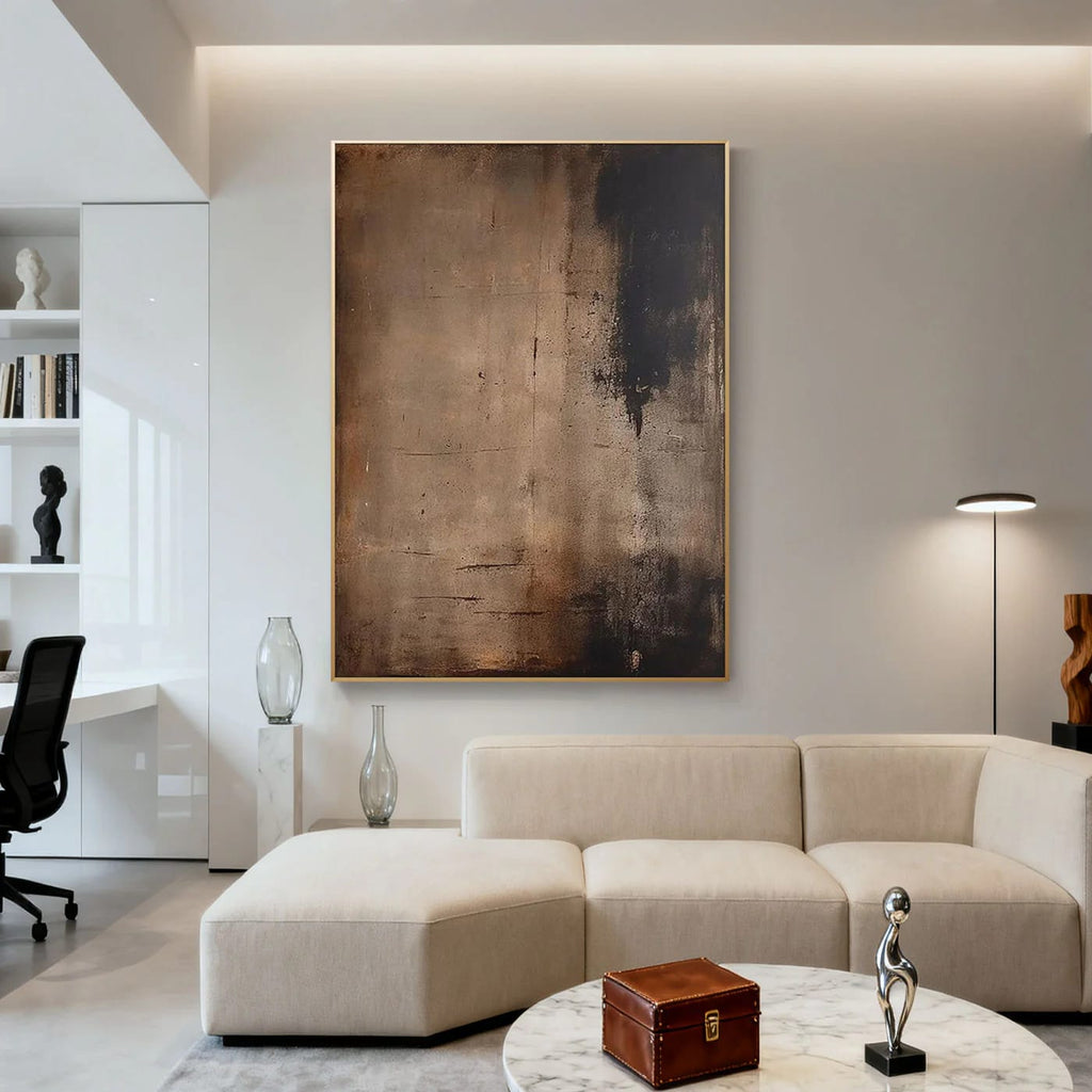 Framed Wabi-Sabi minimalist abstract hand-painted canvas 'Shadow and Earth I' in earth tones, modern living room.