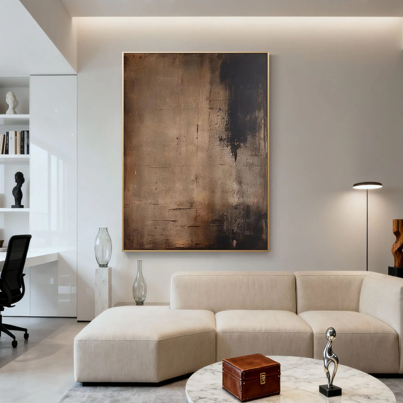 Framed Wabi-Sabi minimalist abstract hand-painted canvas 'Shadow and Earth I' in earth tones, modern living room.