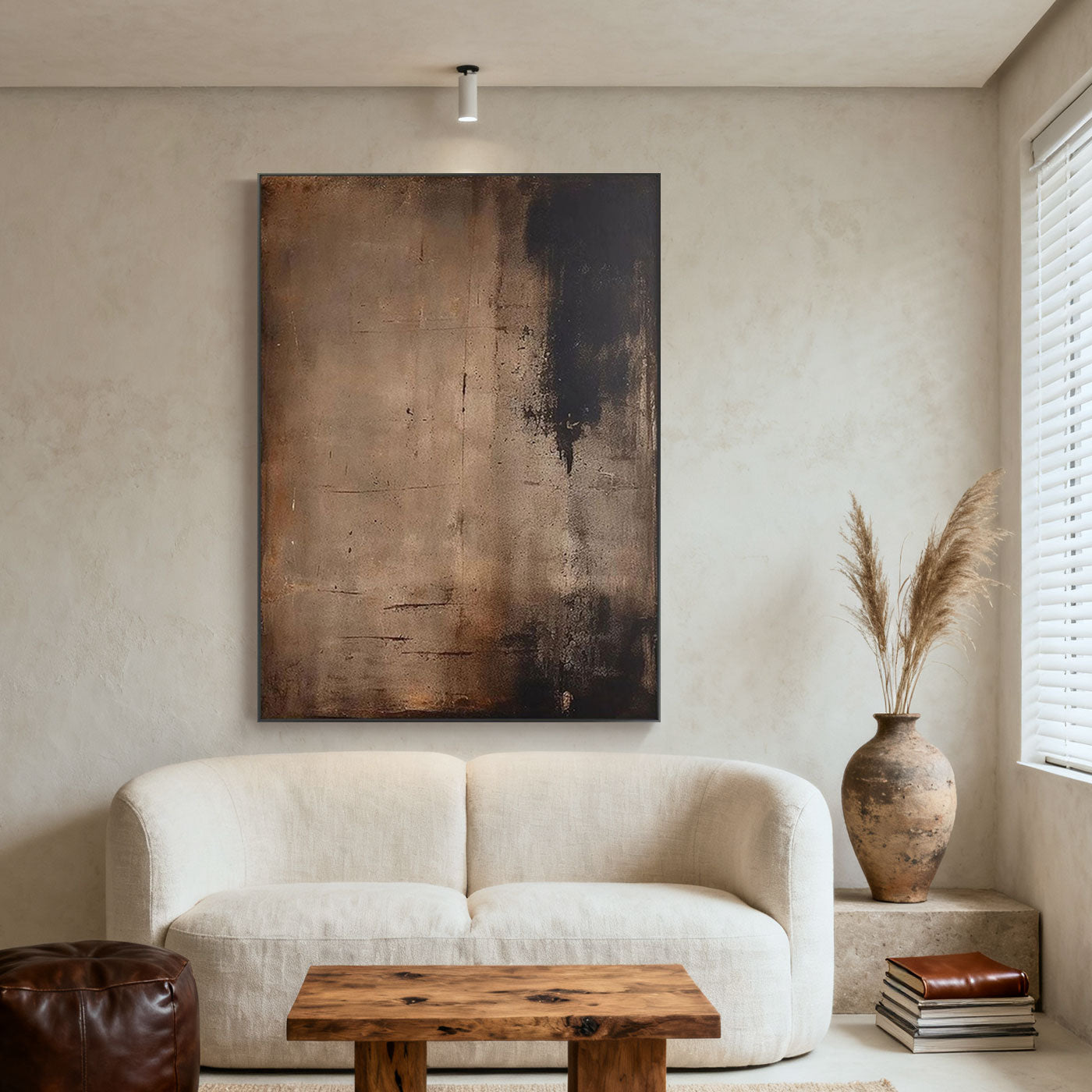Textured hand-painted Wabi-Sabi abstract canvas art 'Shadow and Earth I' in living room