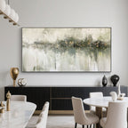 Horizontal wabi-sabi 'Still Waters' abstract canvas art in beige and green tones.