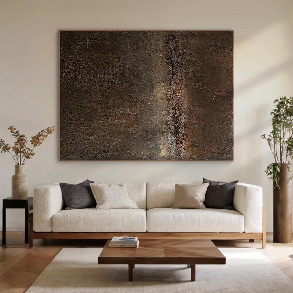 Mid-Century Modern Original Abstract Canvas Art 'Ember' – Textured hand-painted wall art in earthy browns and gold tones f.