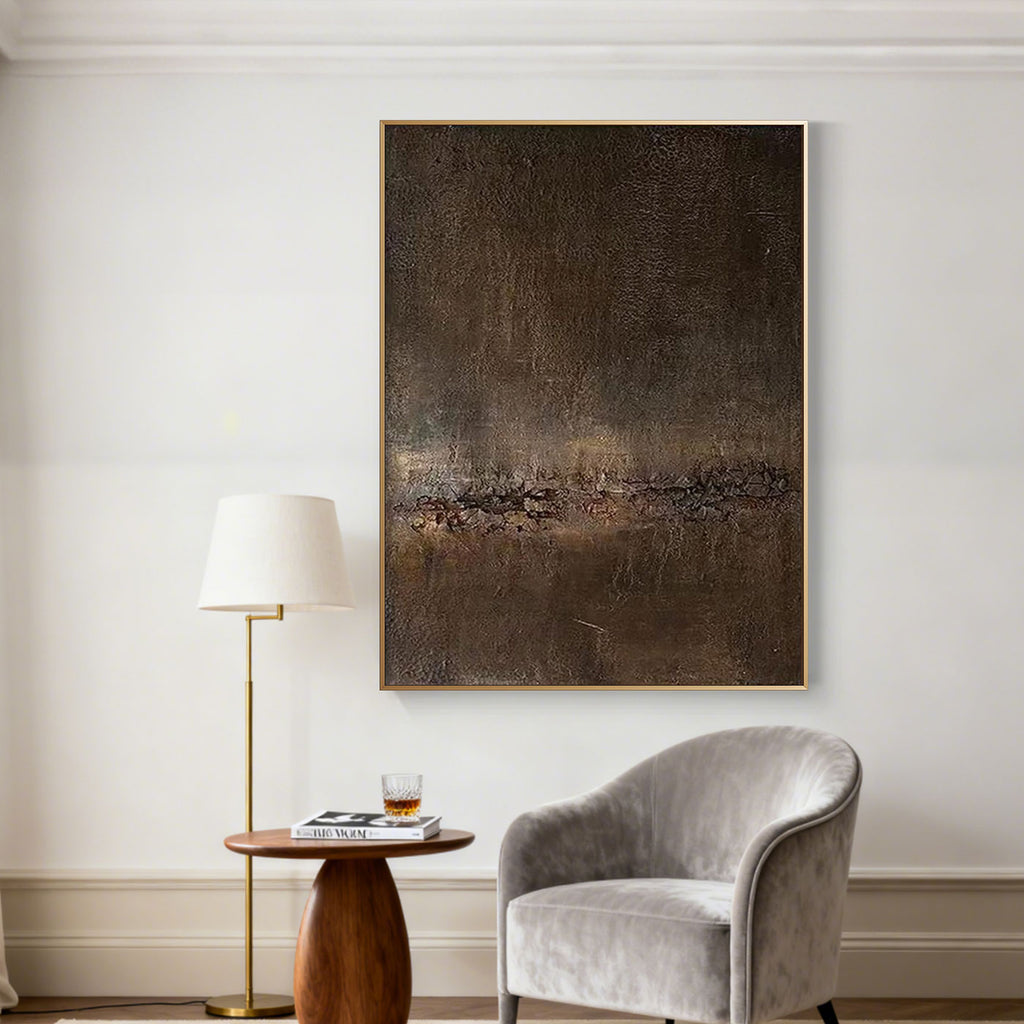 Mid-Century Modern abstract canvas art 'Ember' with textured earthy tones, gold frame, hand-painted wall art for living ro...