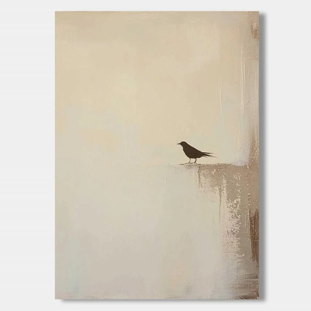 Zen minimalist black bird silhouette on textured beige canvas wall art