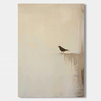 Zen minimalist black bird silhouette on textured beige canvas wall art
