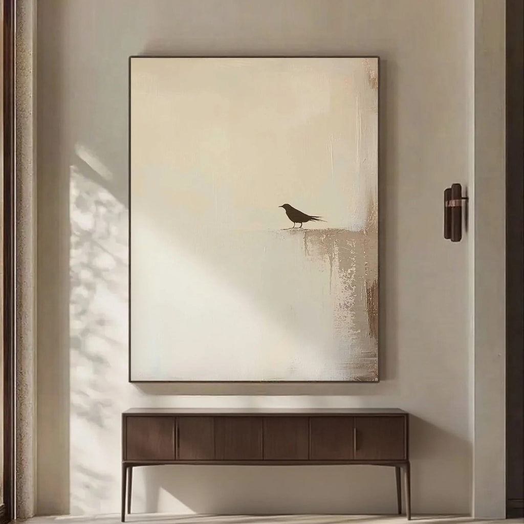 Lumi Gallery's zen minimalist bird wall art: hand-painted canvas, beige tones, lone bird silhouette