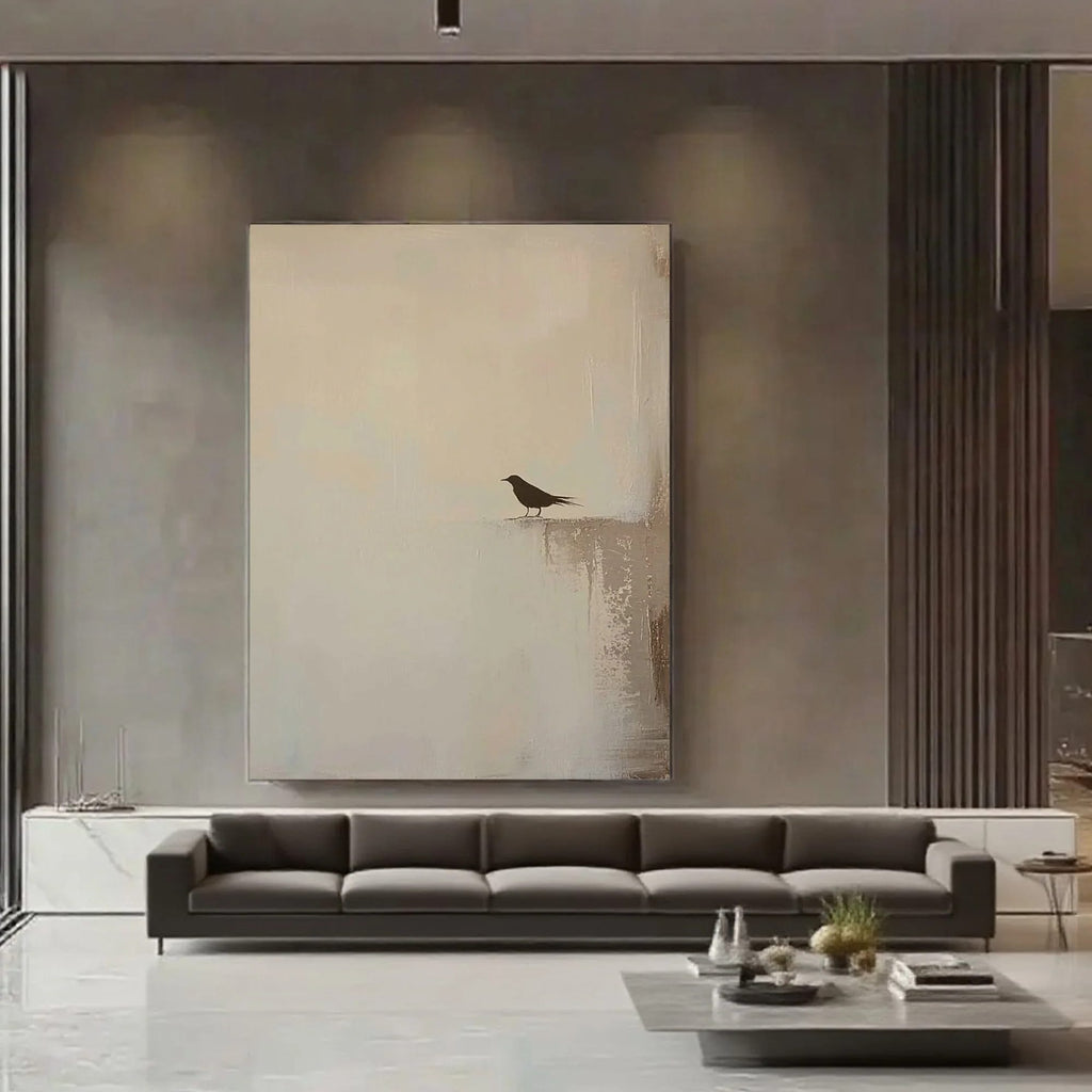 Zen minimalist hand-painted lone bird wall art on beige canvas in modern living room