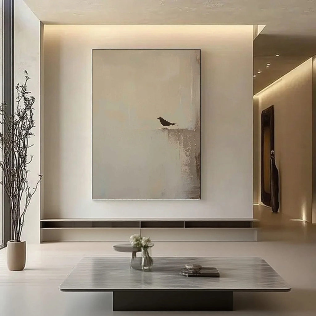 Zen minimalist bird silhouette wall art on textured canvas in modern living room with natural lighting