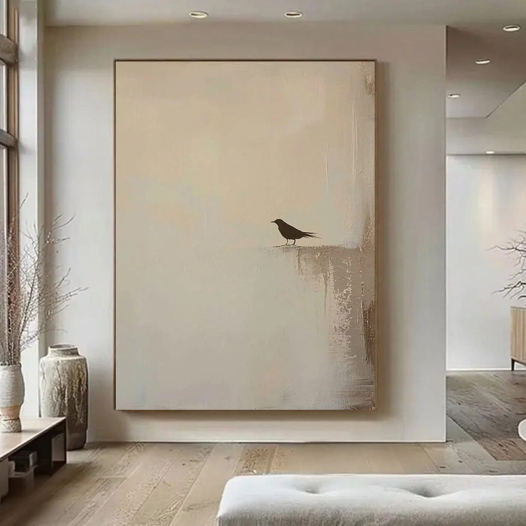 Zen minimalist bird silhouette on cream canvas wall art at Lumi Gallery