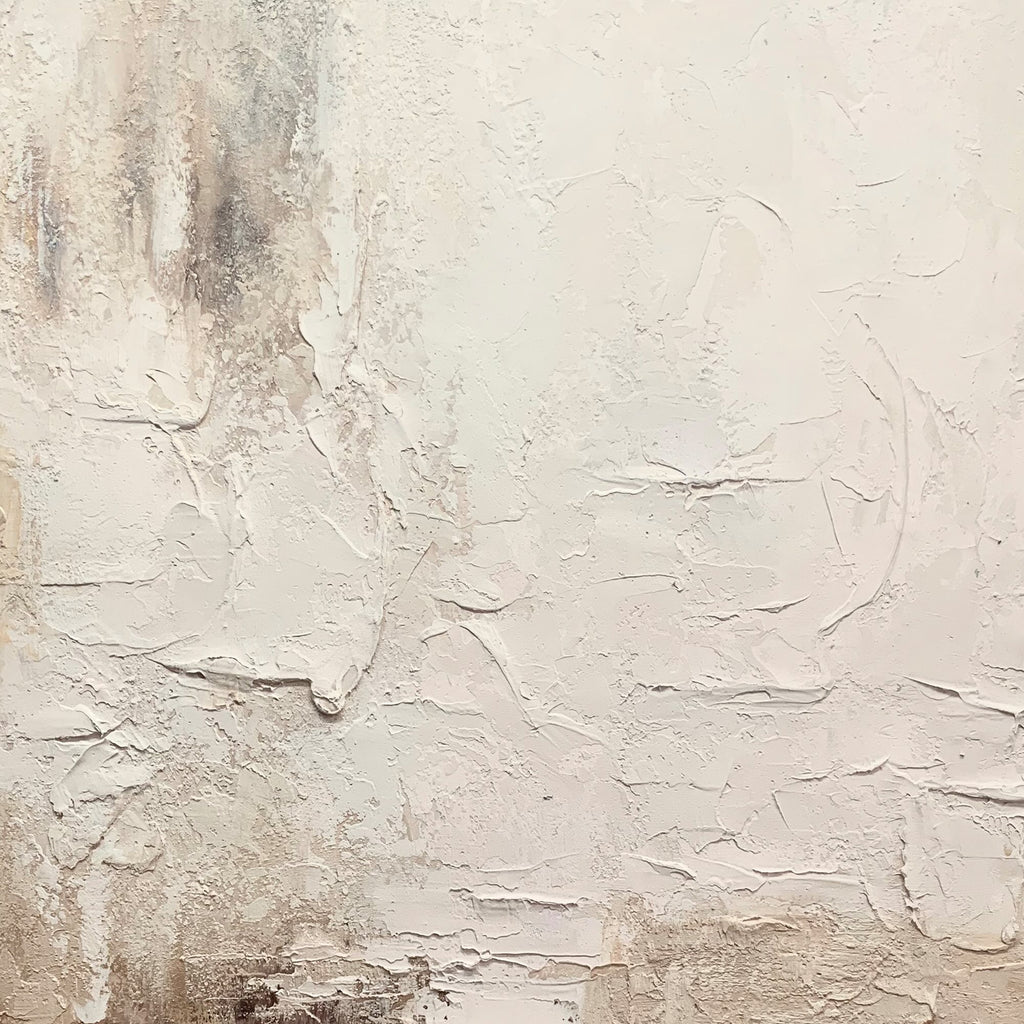 Wabi Sabi Textured Painting 'Still Earth' - Hand-painted abstract canvas with thick, textured brushstrokes in neutral earthy tones of white, beige, and soft brown.