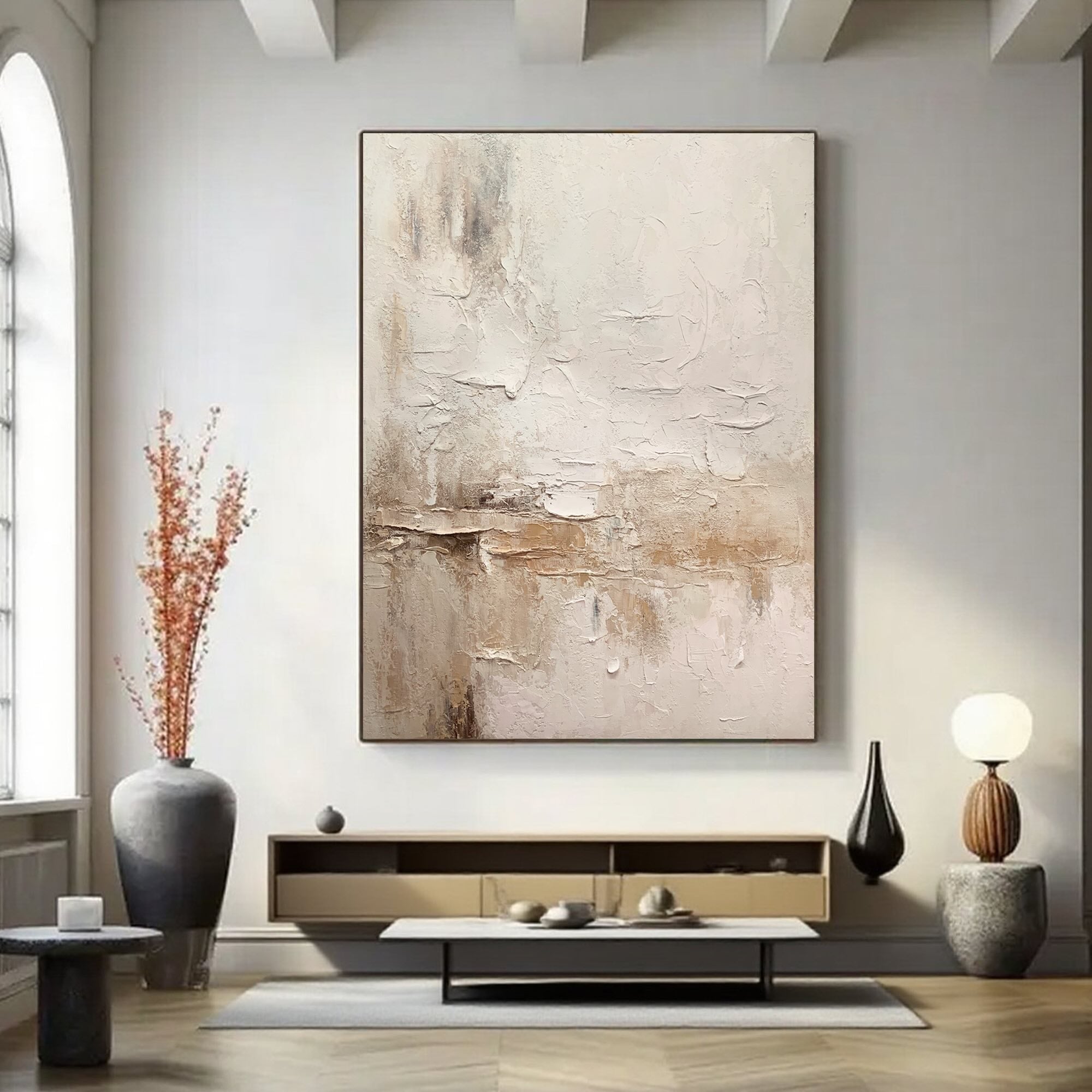 Lumi Gallery's Wabi Sabi textured canvas painting in earth tones, modern living room