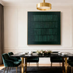Hand-painted Wabi-Sabi geometric green Japandi forest grid painting in dining room