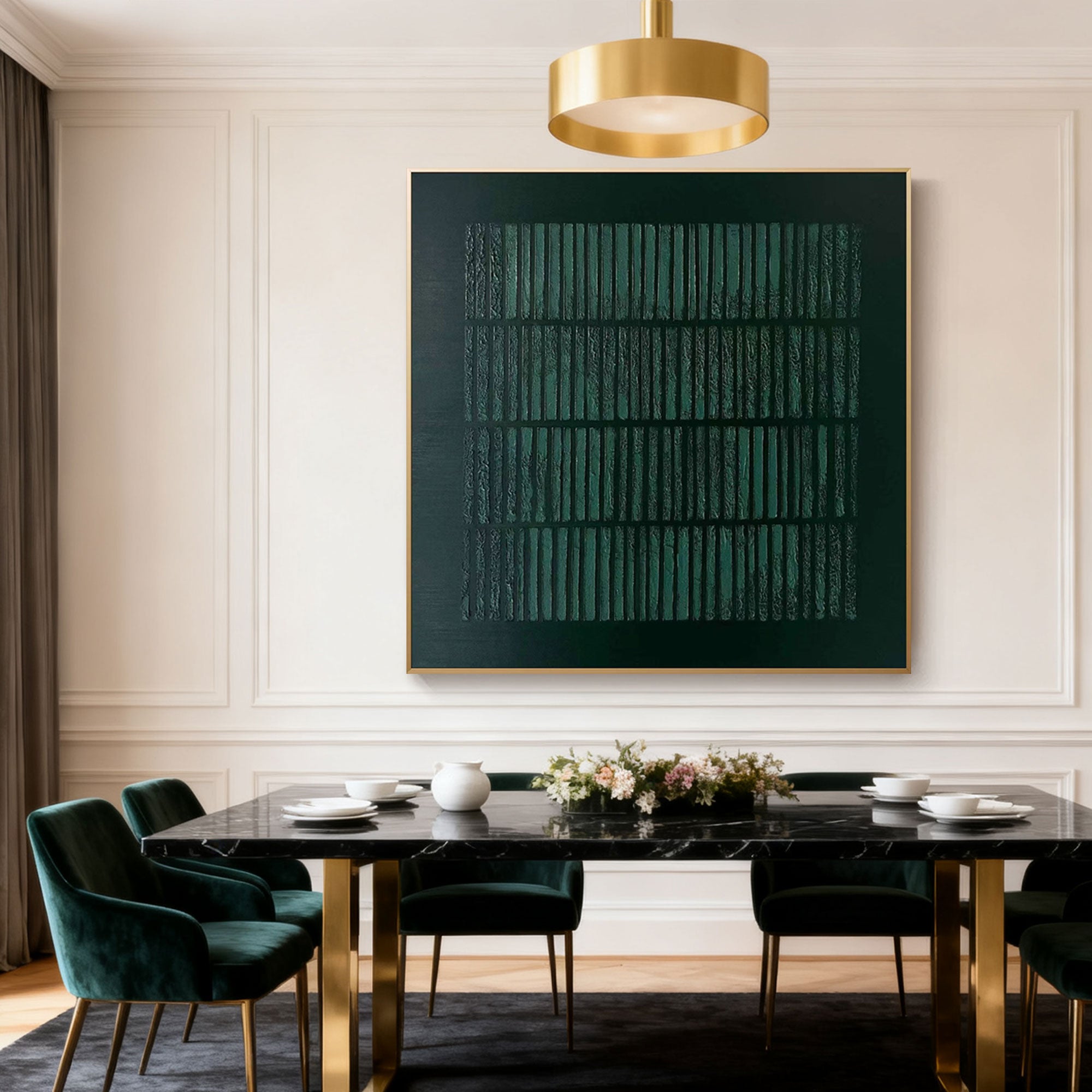 Hand-painted Wabi-Sabi geometric green Japandi forest grid painting in dining room