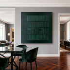 Hand-painted Wabi-Sabi geometric green Japandi forest grid painting in modern dining room