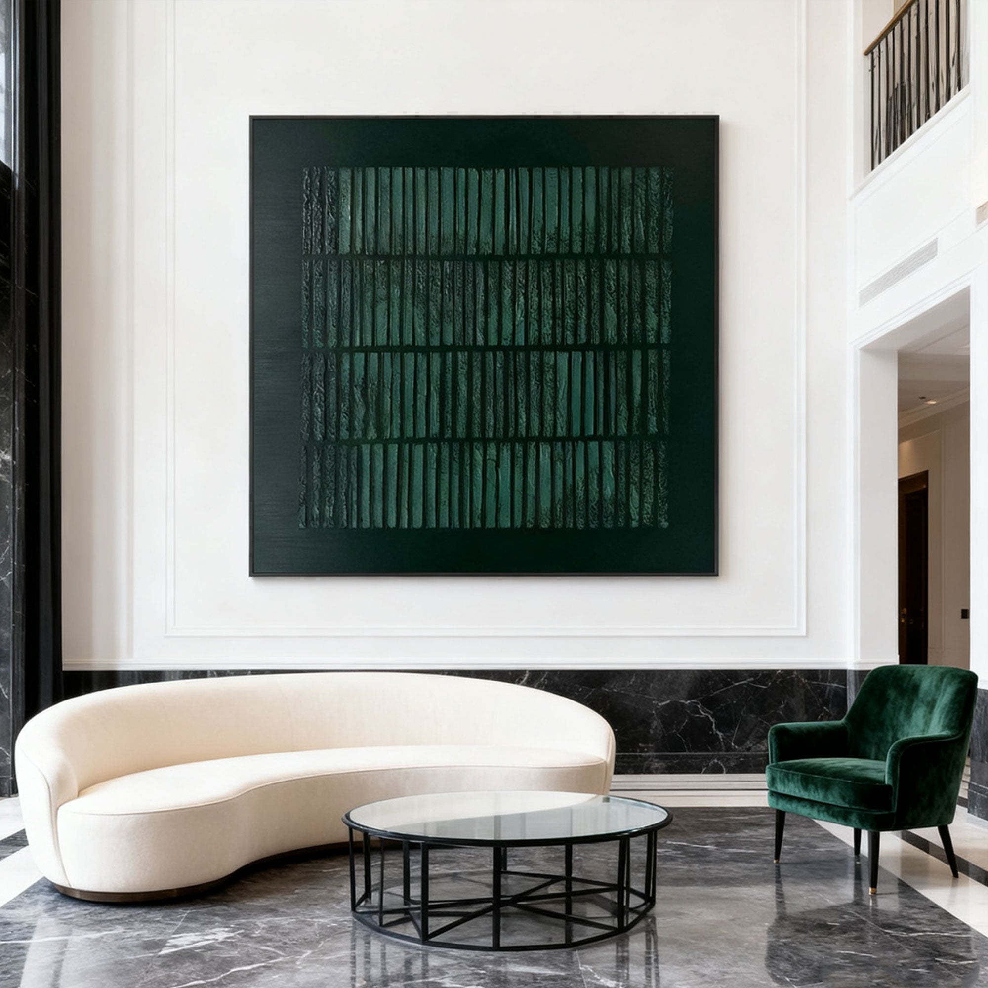 Hand-painted geometric forest green Japandi canvas painting with forest grid in modern living room