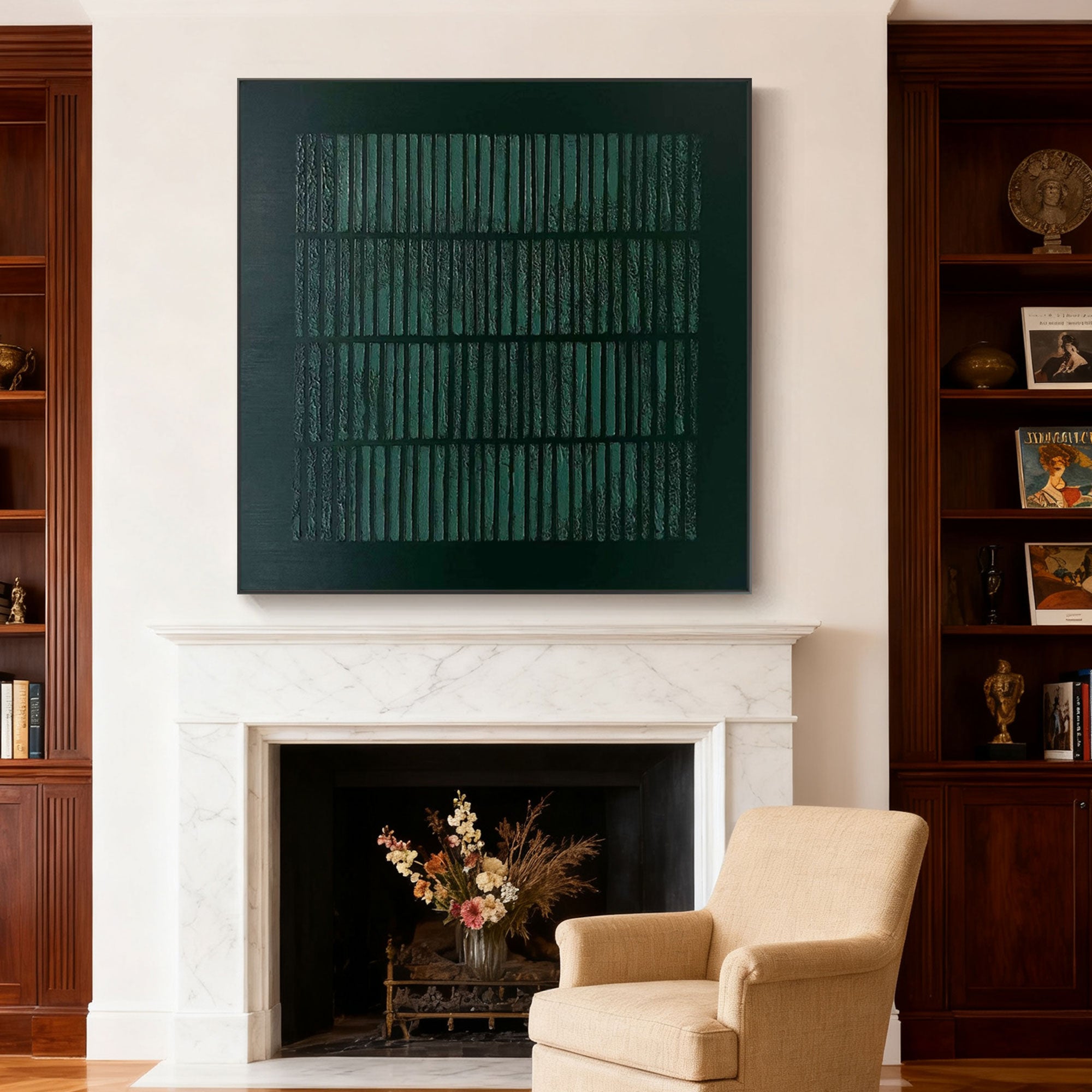Lumi Gallery's hand-painted green geometric forest grid canvas art above marble fireplace