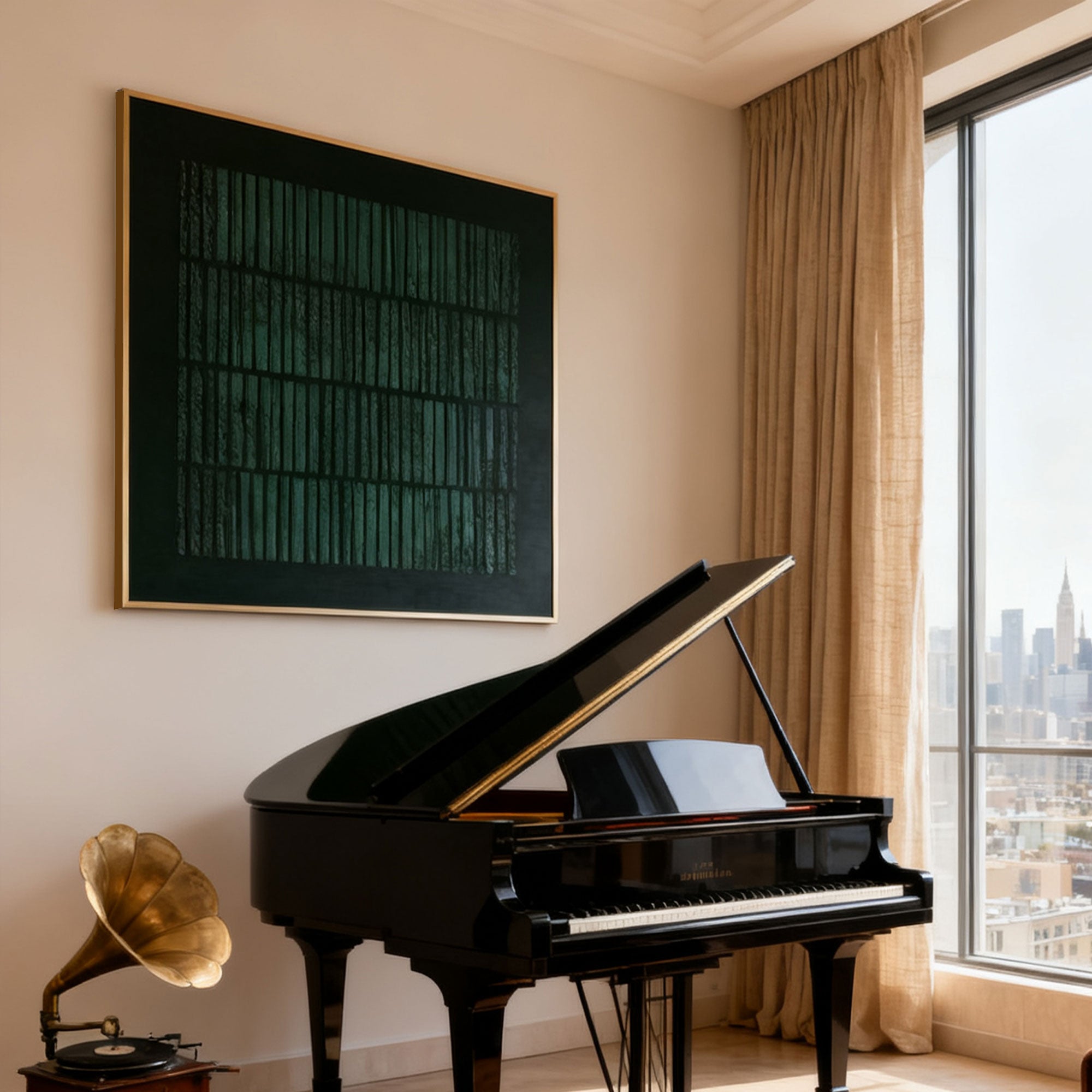 Wabi-Sabi Geometric Green Japandi hand-painted 'Forest Grid' Painting in gold frame, textured green forest patterns on black background, displayed in living room with grand piano and vintage gramophone by large windows.