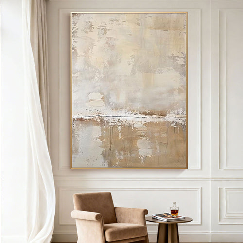 Wabi Sabi abstract beige canvas art 'Frostfall I' framed, Lumi Gallery, elegant room